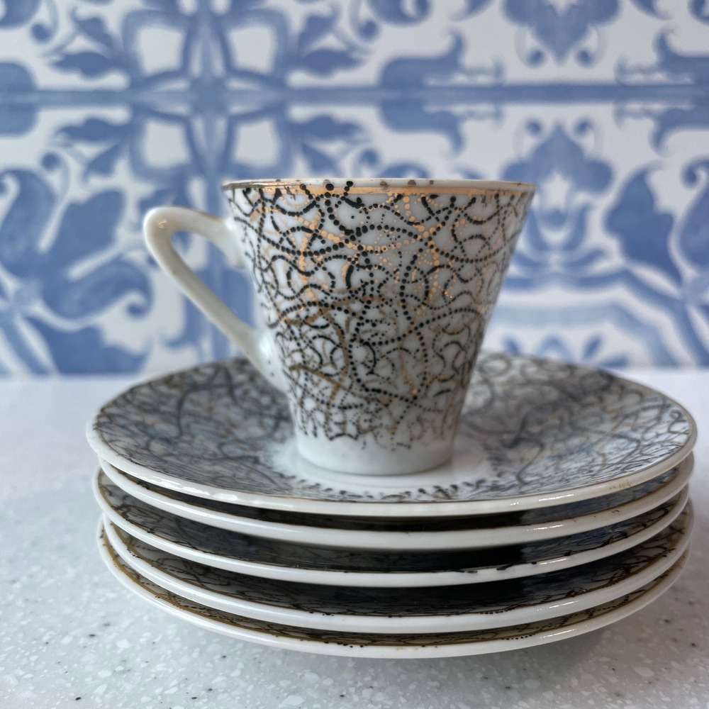Vintage Japan Porcelain Demitasse Espresso Cup and 5 Saucers Gold Black Swirl